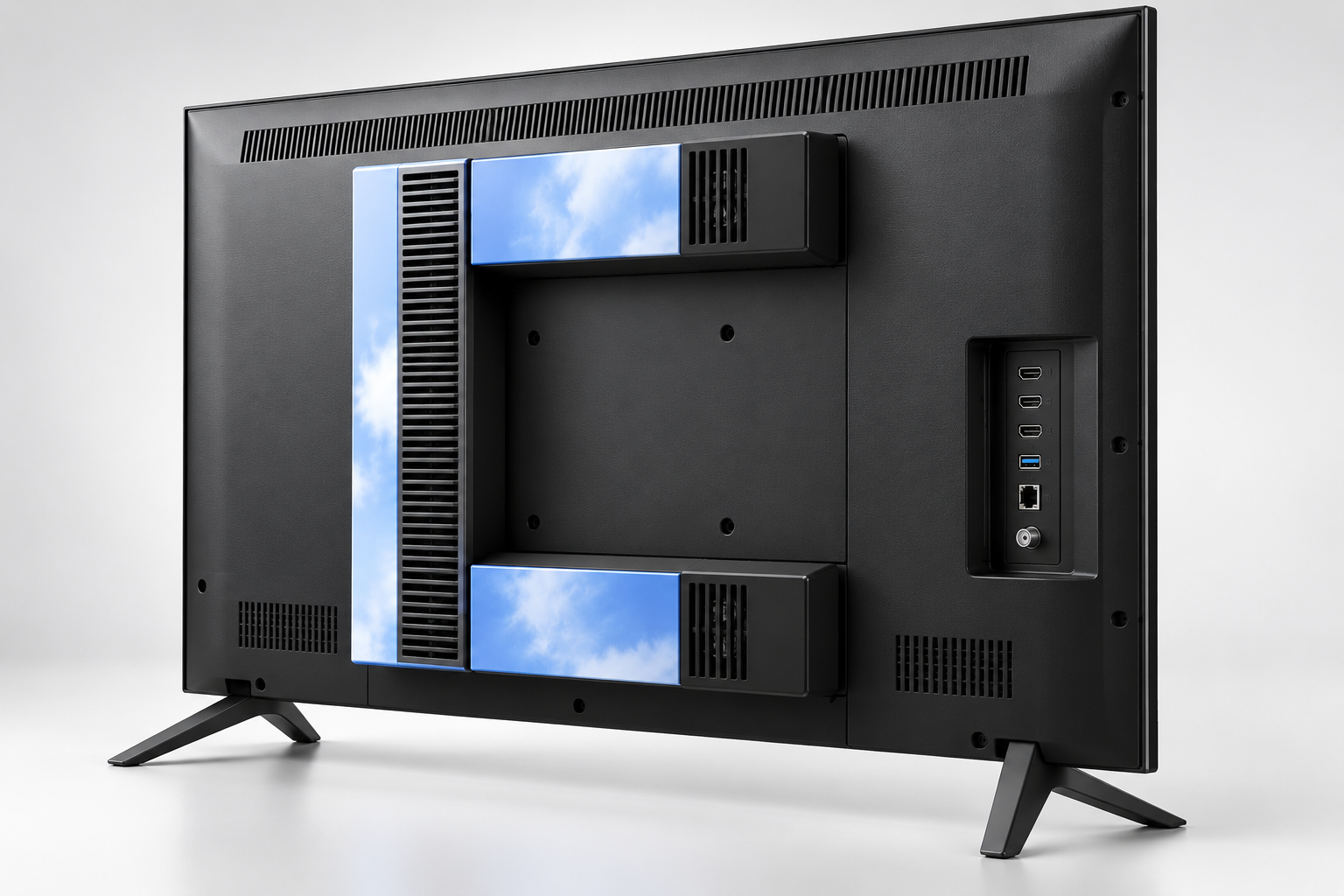 Rear of television showing the complete Symphony-iQ mounted sideways with ports accessible